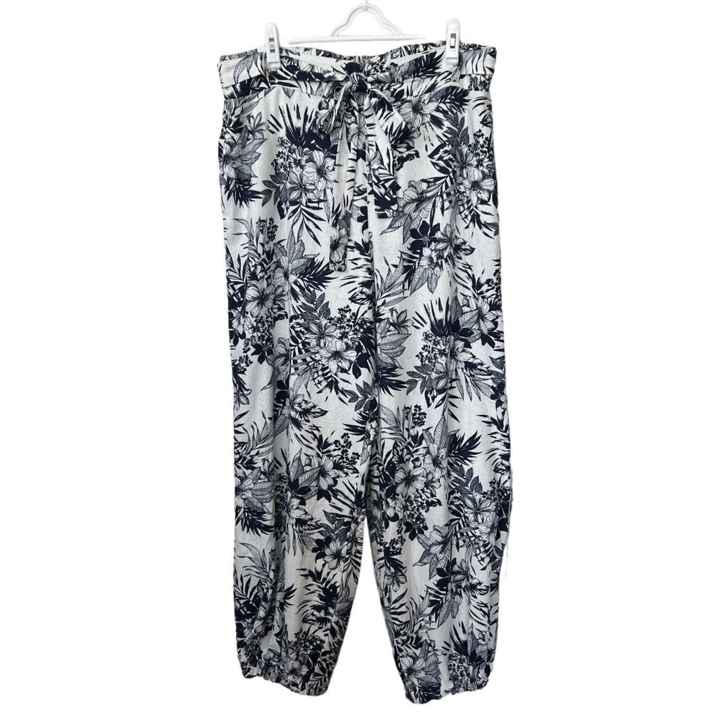 Beau Dawson Linen Blend Floral Print Pull-On Tie Waist Tapered‎ Pants Vacation